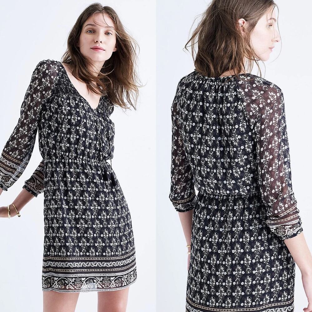 [Madewell] Black Woodland Smocked V-Neck Floral Tassel Boho Mini Dress Size 6
